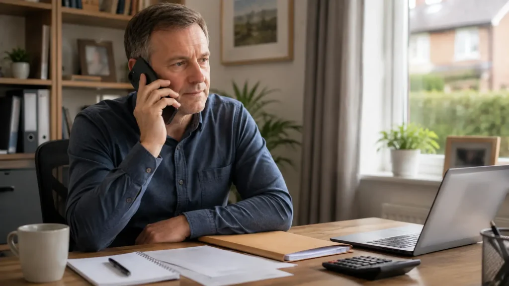 British taxpayer calmly handling a genuine-looking phone call about tax affairs.