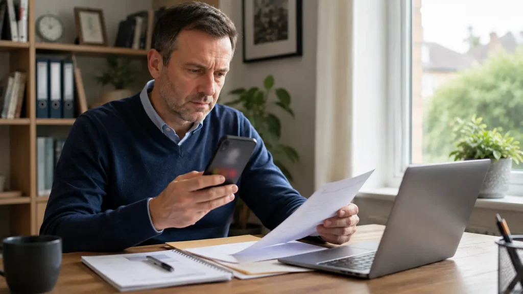 British taxpayer checking a missed tax-related call before responding.