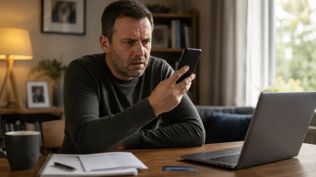 Concerned British taxpayer reacting cautiously to a suspicious tax scam phone call.